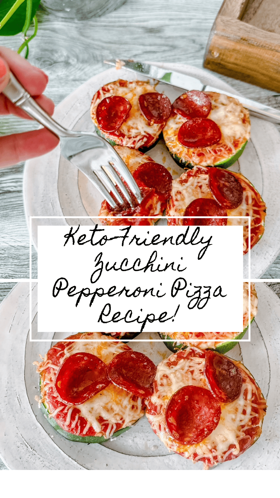 Close-up of keto-friendly zucchini pepperoni pizzas served on a plate. A fork is cutting into one of the zucchini pizza rounds topped with melted cheese and mini pepperoni slices. Text overlay reads 'Keto-Friendly Zucchini Pepperoni Pizza Recipe