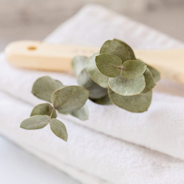 Close-up of dried eucalyptus branches resting on a stack of soft white towels, with a wooden bath brush in the background, evoking a clean and calming spa atmosphere.