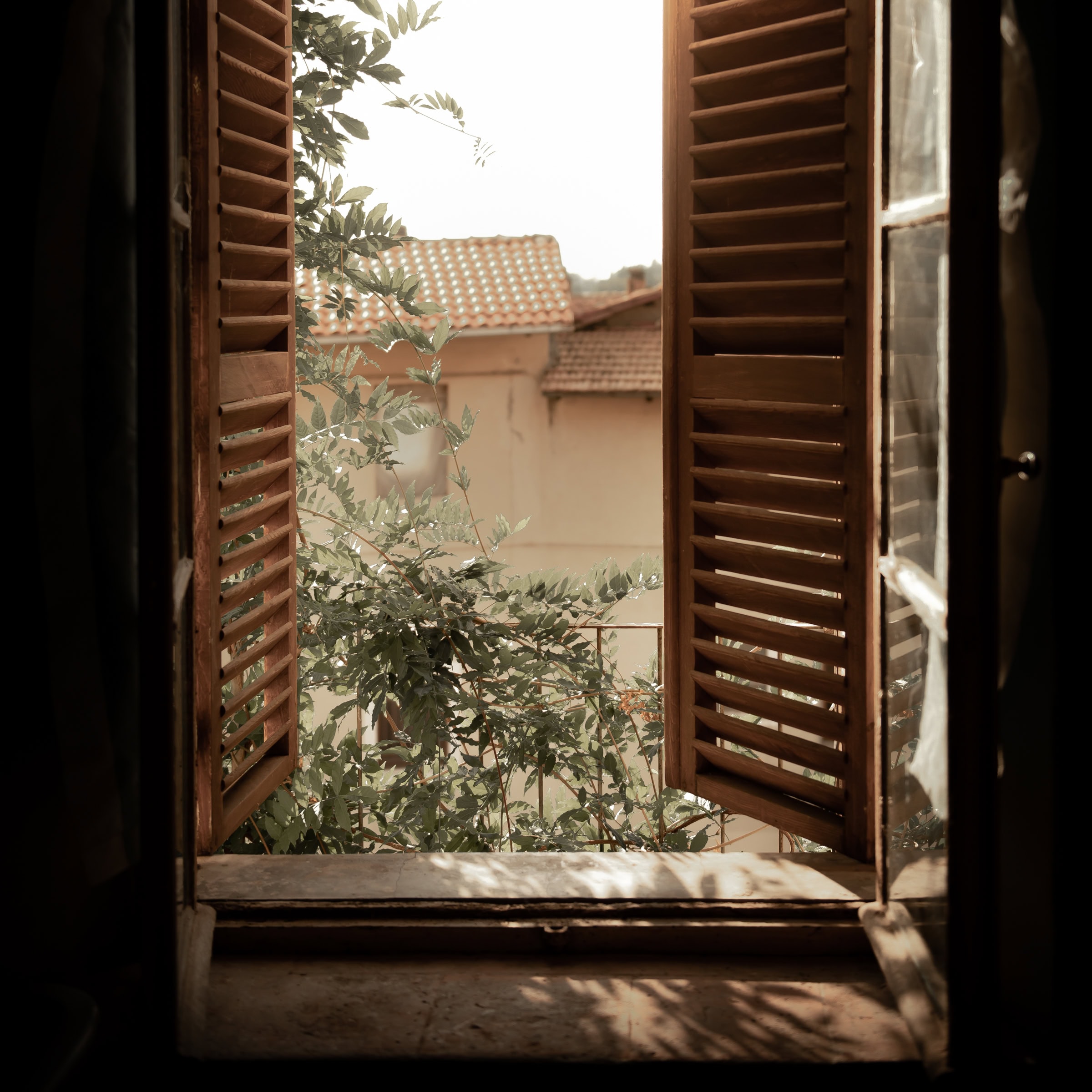 An open wooden window with shutters, looking out onto leafy green branches and the tiled roof of a neighboring building.