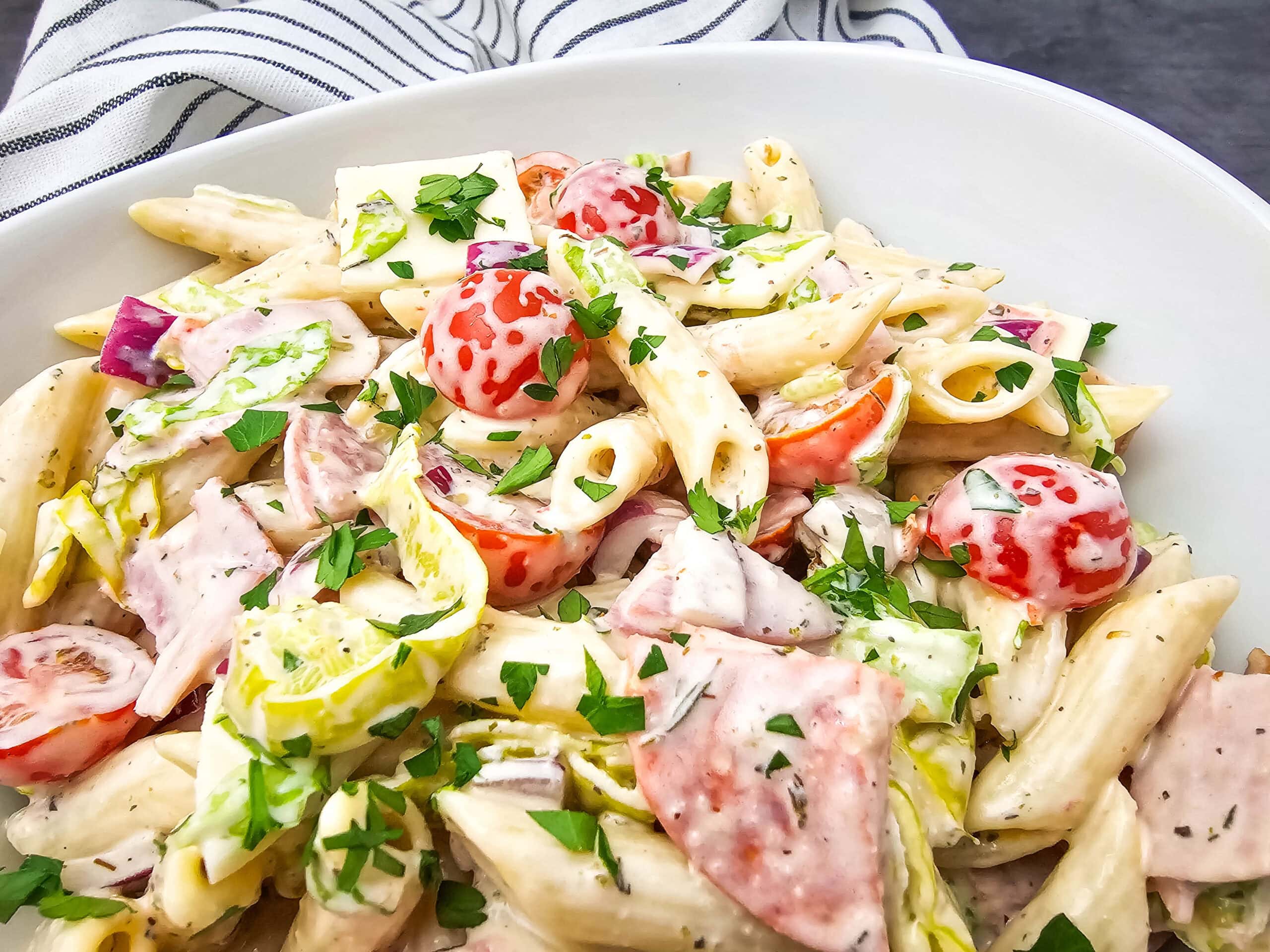 A hearty mix of penne, salami, tomatoes, banana peppers, cheese cubes, and fresh herbs coated in a creamy Italian-style dressing.