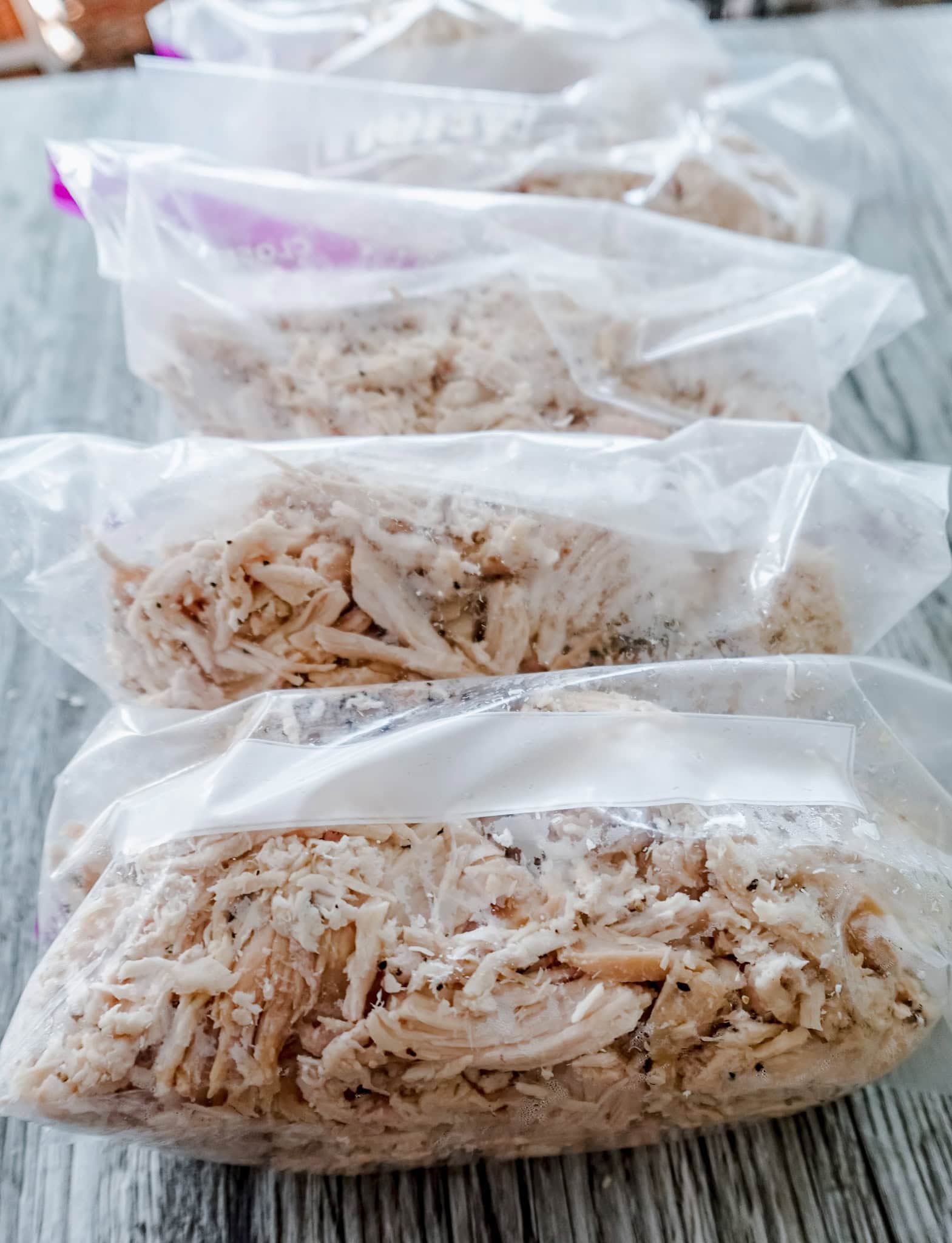 A close up of 5 ziploc baggies filled with seasoned shredded chicken.