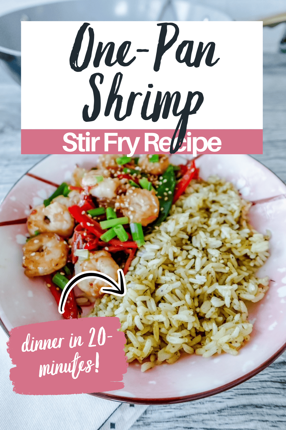 A plate with stir-fried shrimp, red peppers, green onions, and a serving of rice. Text overlay reads One-Pan Shrimp Stir Fry Recipe, and a label points to the dish, saying dinner in 20 minutes!.