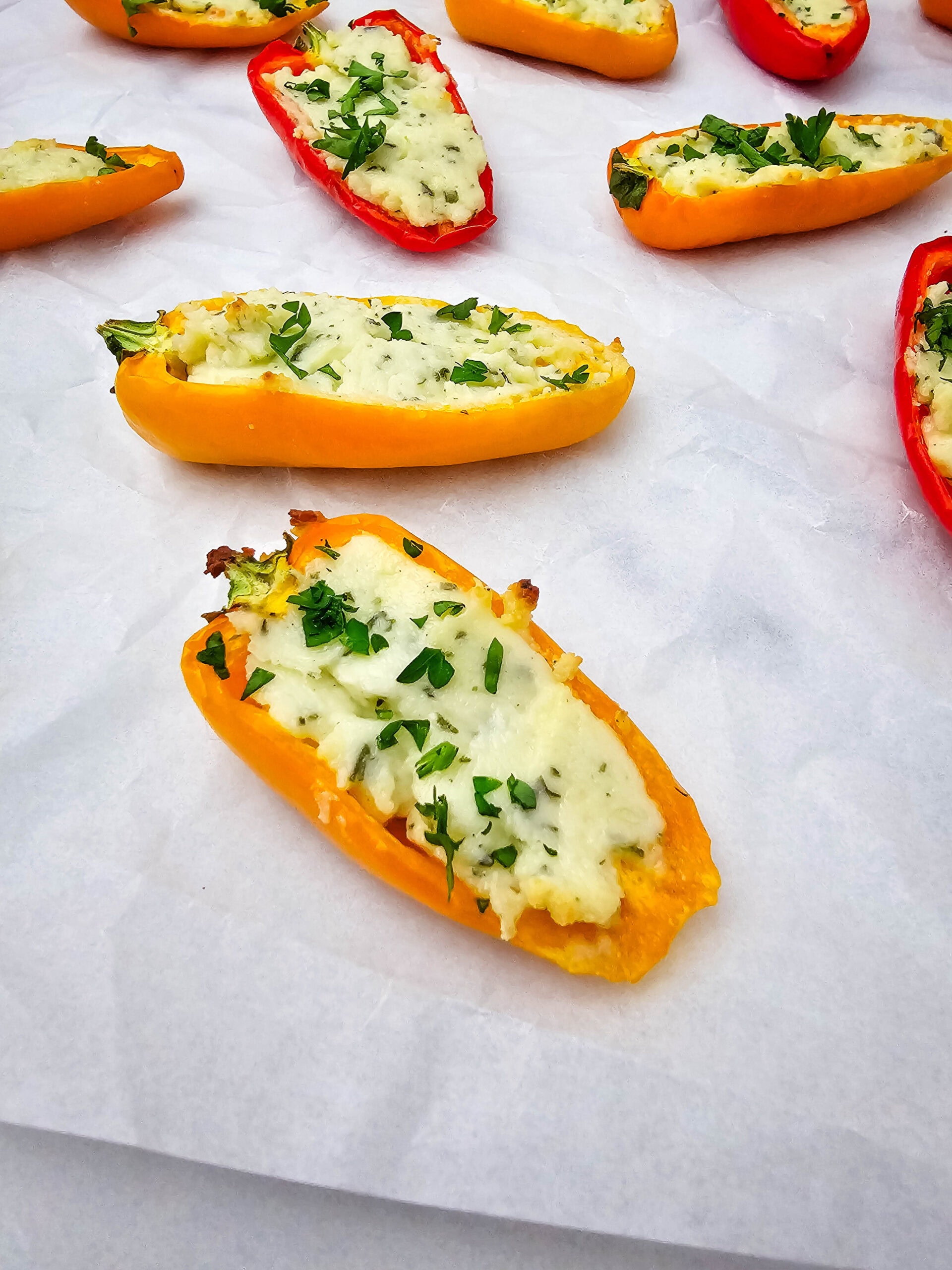 Several halved mini bell peppers filled with a creamy cheese mixture are arranged on parchment paper and garnished with chopped fresh herbs.