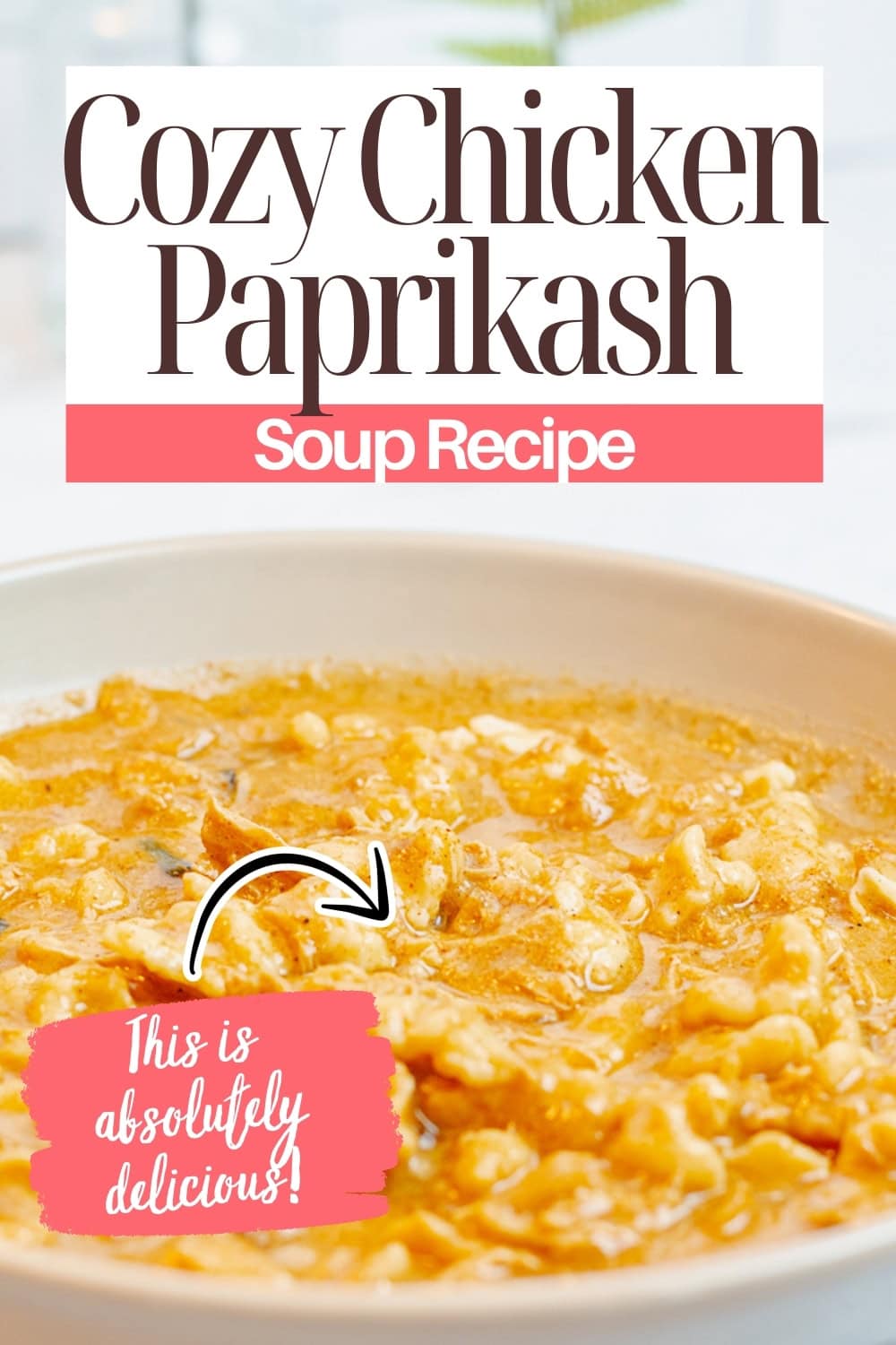 A bowl of creamy chicken paprikash soup with noodles, topped with a text overlay that reads Cozy Chicken Paprikash Soup Recipe and This is absolutely delicious! with a handwritten-style arrow.