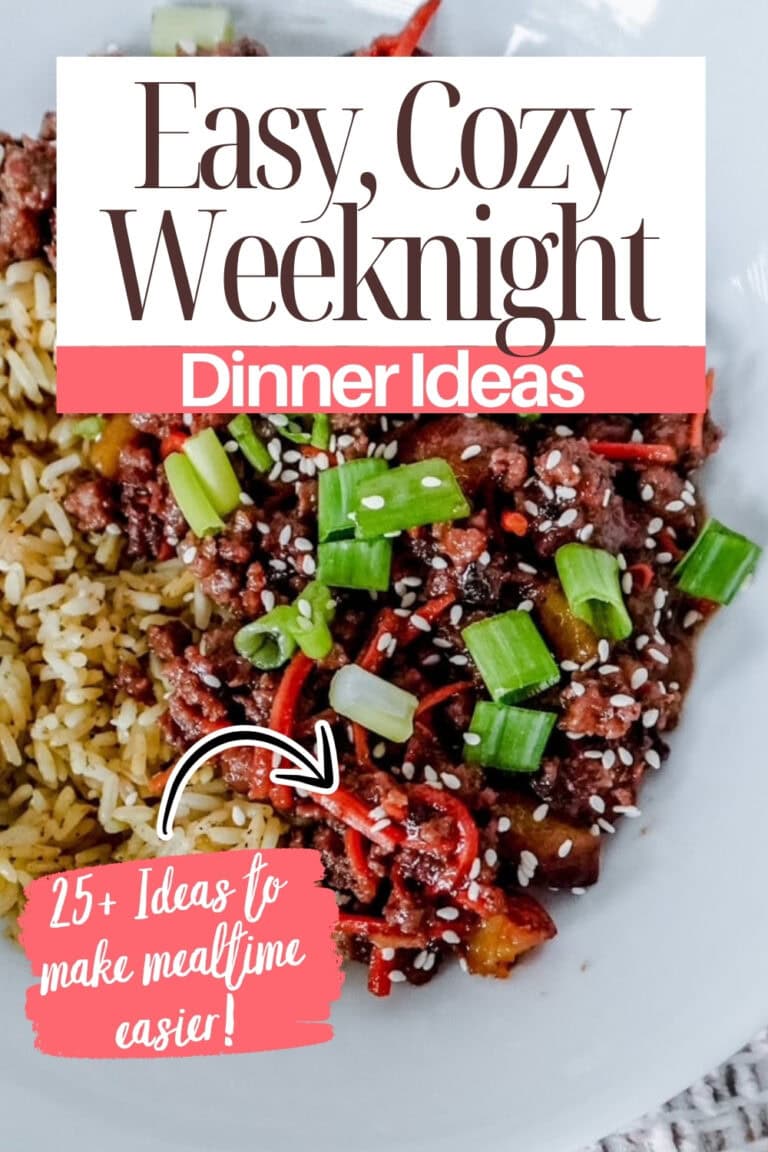 A plate with rice and stir-fried beef topped with green onions and sesame seeds. Text overlay reads, “Easy, Cozy Weeknight Dinner Ideas. 25+ Ideas to make mealtime easier!”.