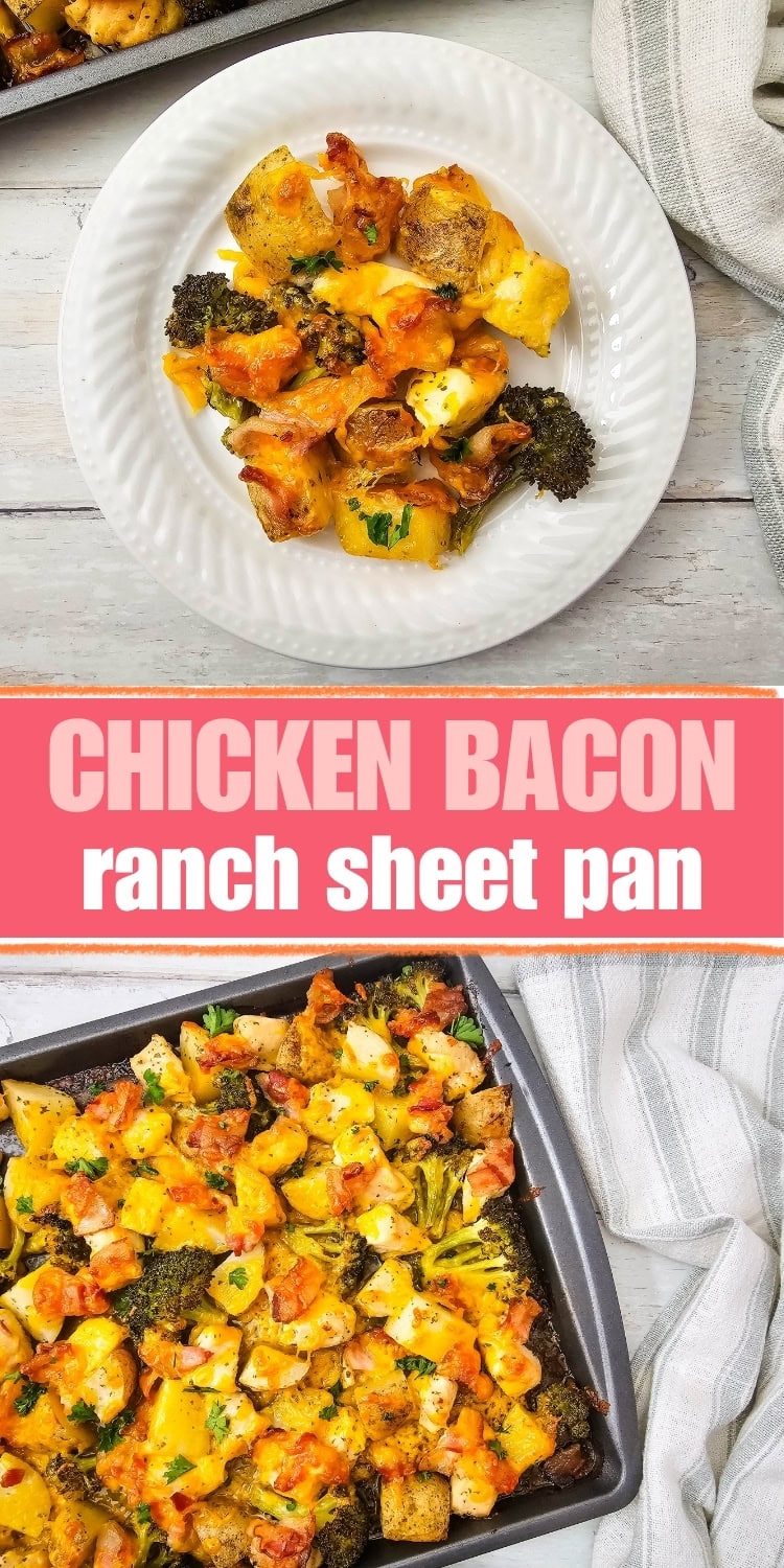A white plate with a portion of chicken bacon ranch sheet pan meal sits above a baking sheet filled with the same dish, featuring pieces of chicken, bacon, broccoli, and potatoes, topped with cheese and herbs.