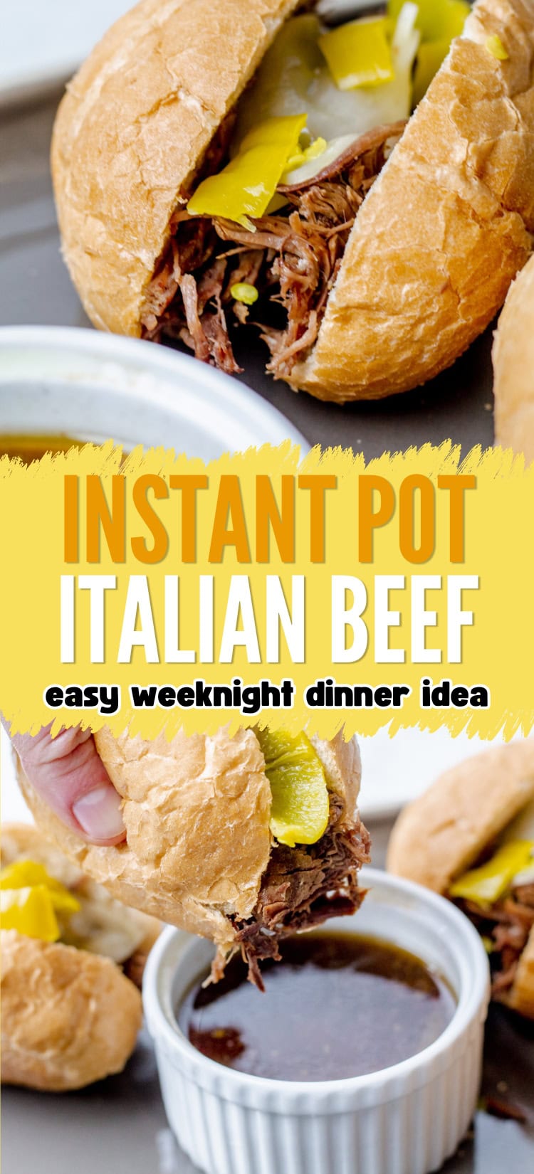 Close-up of shredded beef sandwiches with pickles in crusty rolls, served next to a small bowl of dipping sauce. Text overlay reads: Instant Pot Italian Beef, easy weeknight dinner idea.