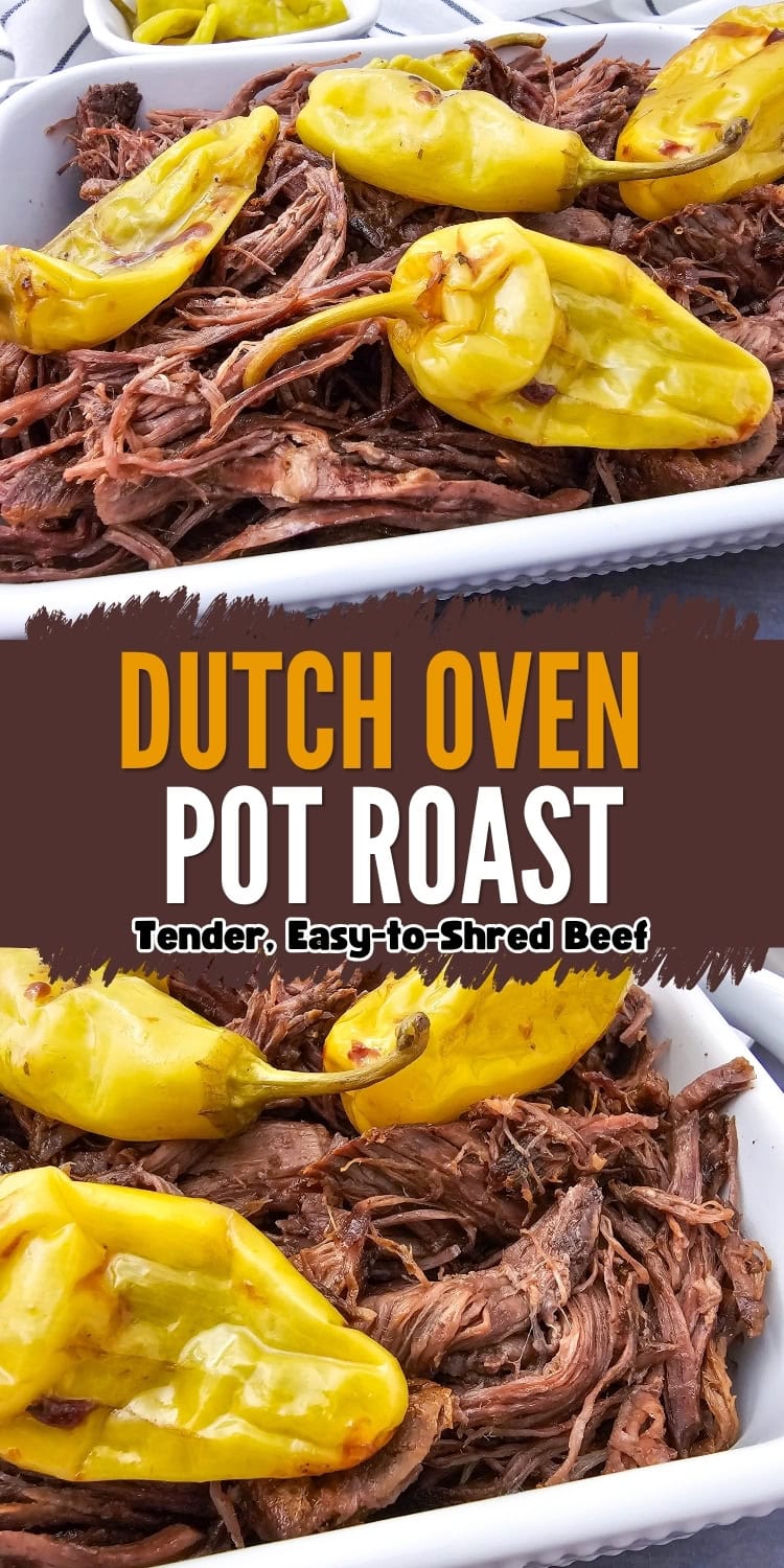 Shredded beef pot roast topped with yellow peppers in a white dish, with bold text overlay reading Dutch Oven Pot Roast – Tender, Easy-to-Shred Beef.
