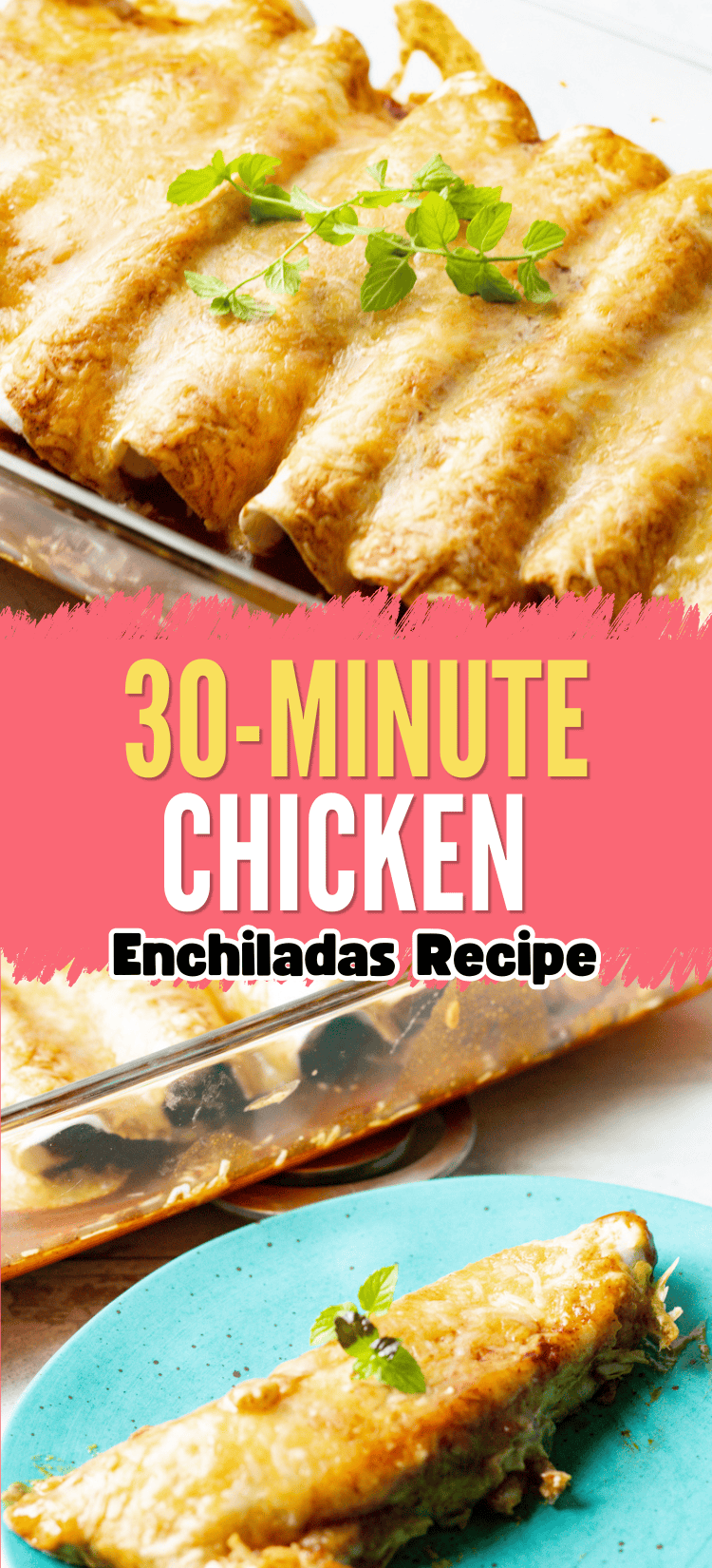 A baking dish filled with golden-brown chicken enchiladas garnished with fresh herbs, with a single enchilada served on a blue plate. Text reads: 30-Minute Chicken Enchiladas Recipe.