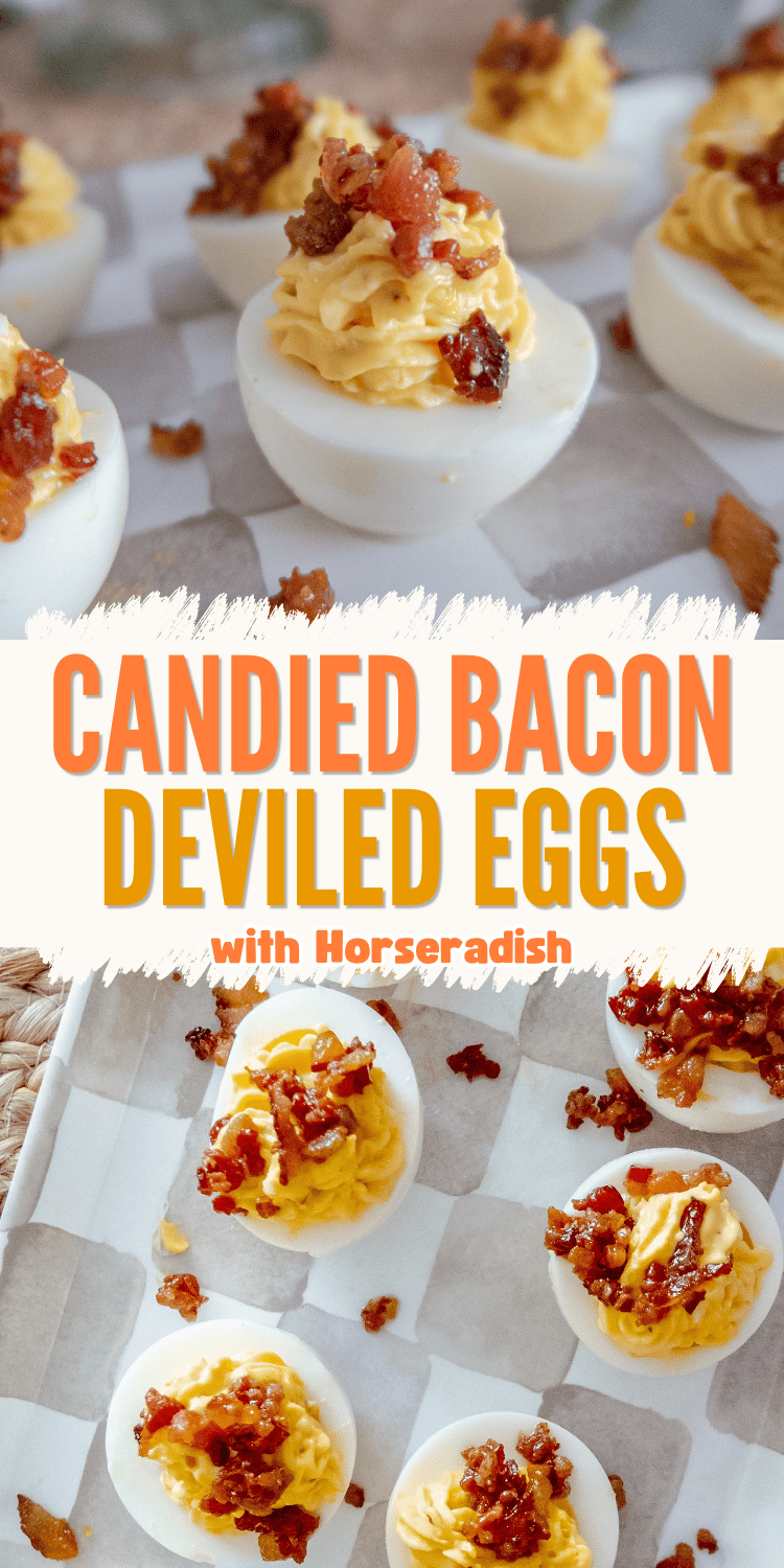 Deviled eggs topped with creamy filling and pieces of candied bacon, arranged on parchment paper. Text on the image reads: “Candied Bacon Deviled Eggs with Horseradish.”.