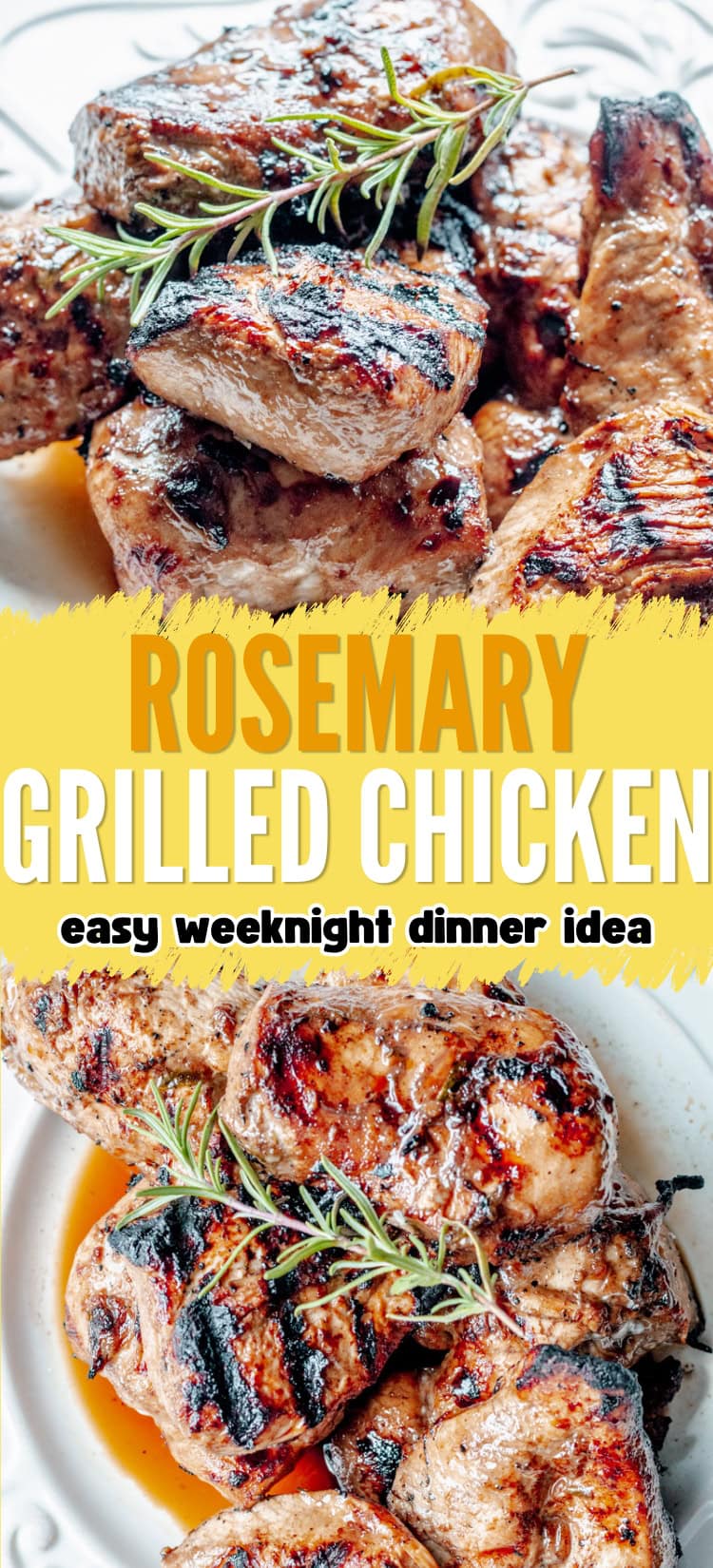 Grilled chicken breasts garnished with fresh rosemary, arranged on a white plate. Text overlay reads, Rosemary Grilled Chicken—easy weeknight dinner idea.