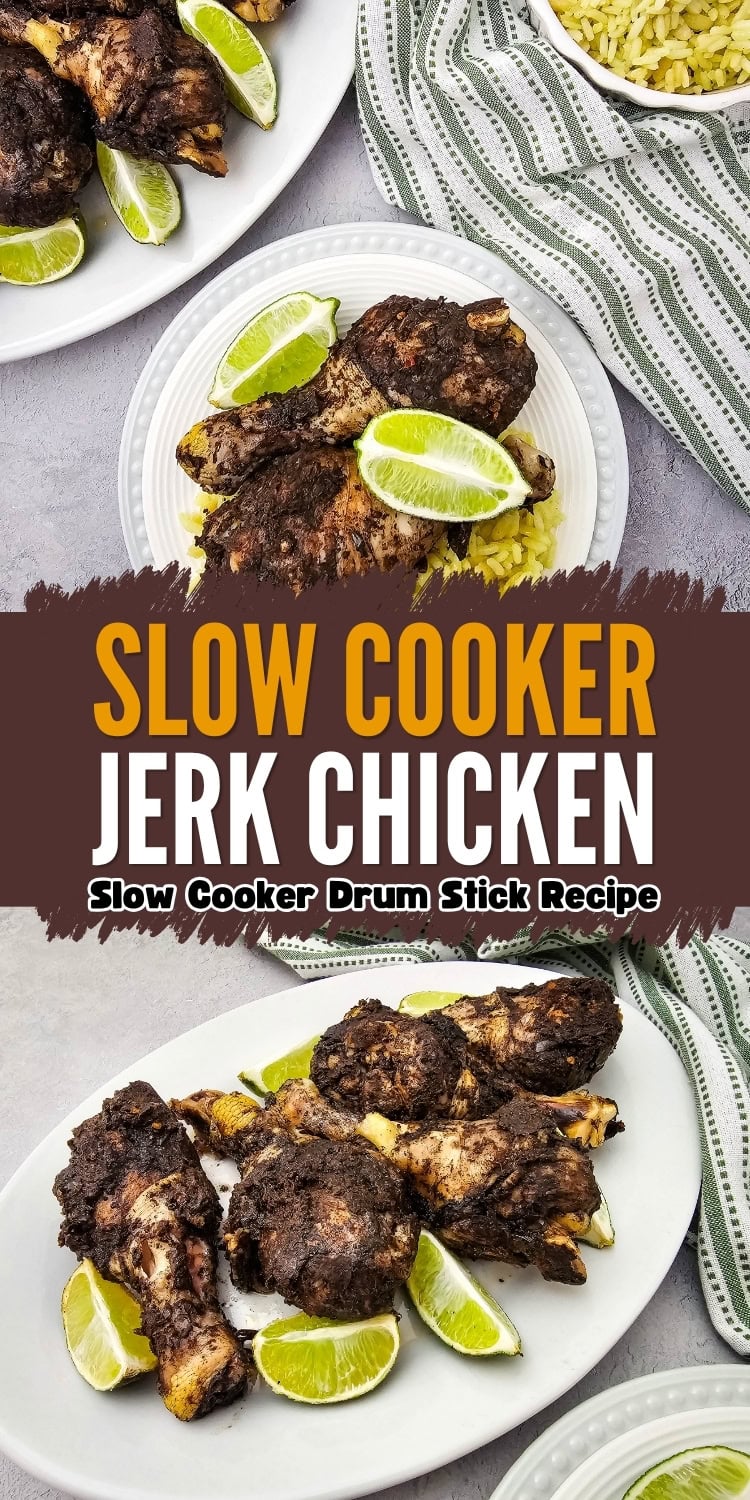 Plates of slow cooker jerk chicken drumsticks served with lime wedges, placed on a gray table with a striped green and white napkin and a dish of yellow rice visible in the background.